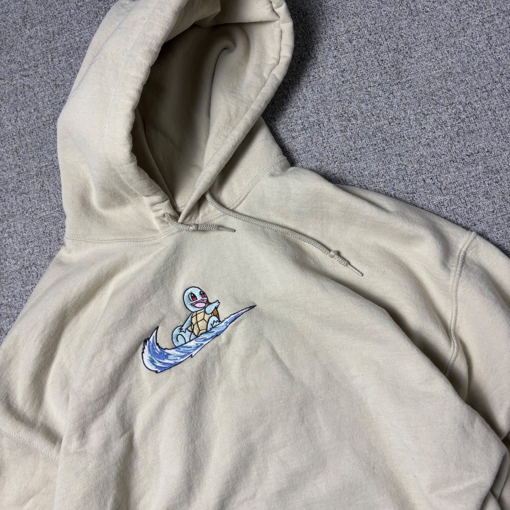 Pokemon Nike Swoosh Hoodie Mens XL Squirtle Surf Beige Embroidered Streetwear